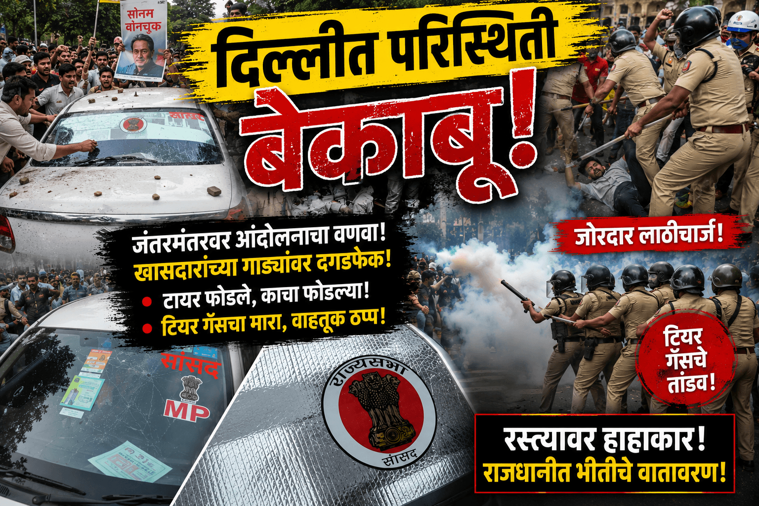खासदारांच्या गाड्यांवर दगडफेक परिस्थिती गंभीर पोलिसांचा जोरदार लाठीचार